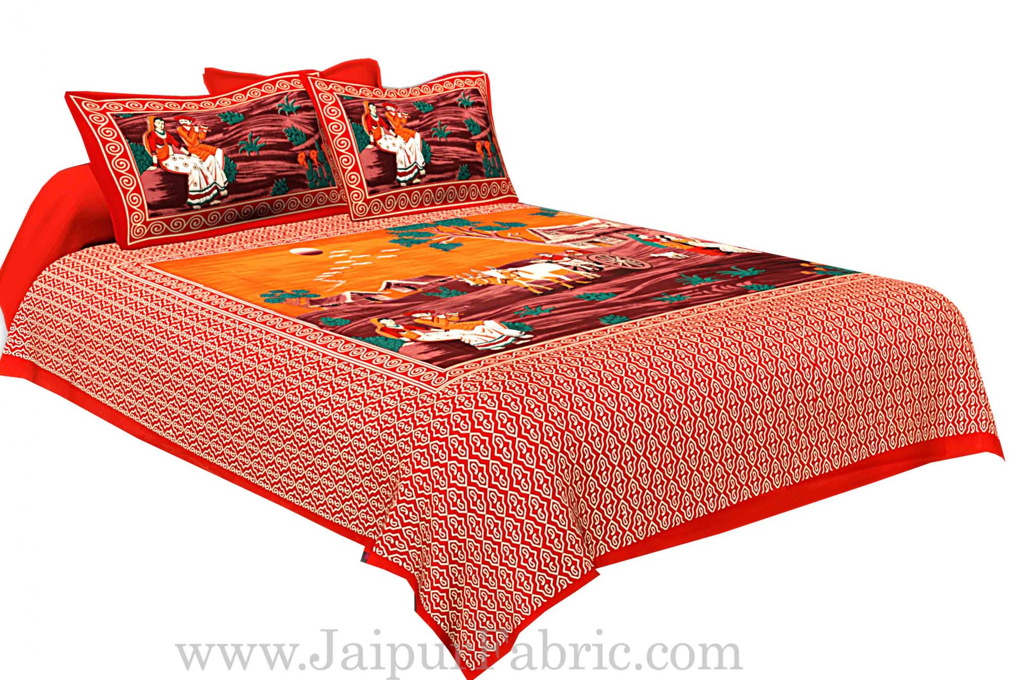 Red Border Bailgadi Pattern Pigment Print Cotton Double Bedsheet