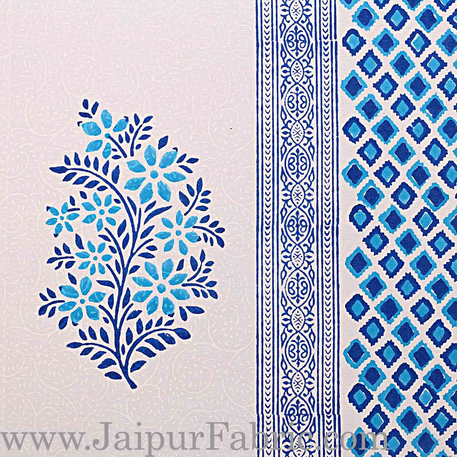 Double Bed Sheet White Base With Kadhi Print Blue Rajasthani Buta Hand Block Print Super Fine  Cotton