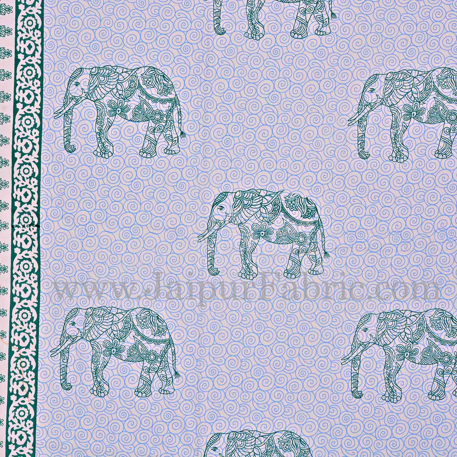 Green Border Cream Base Green Elephant Cotton Satin Hand Block Double Bedsheet