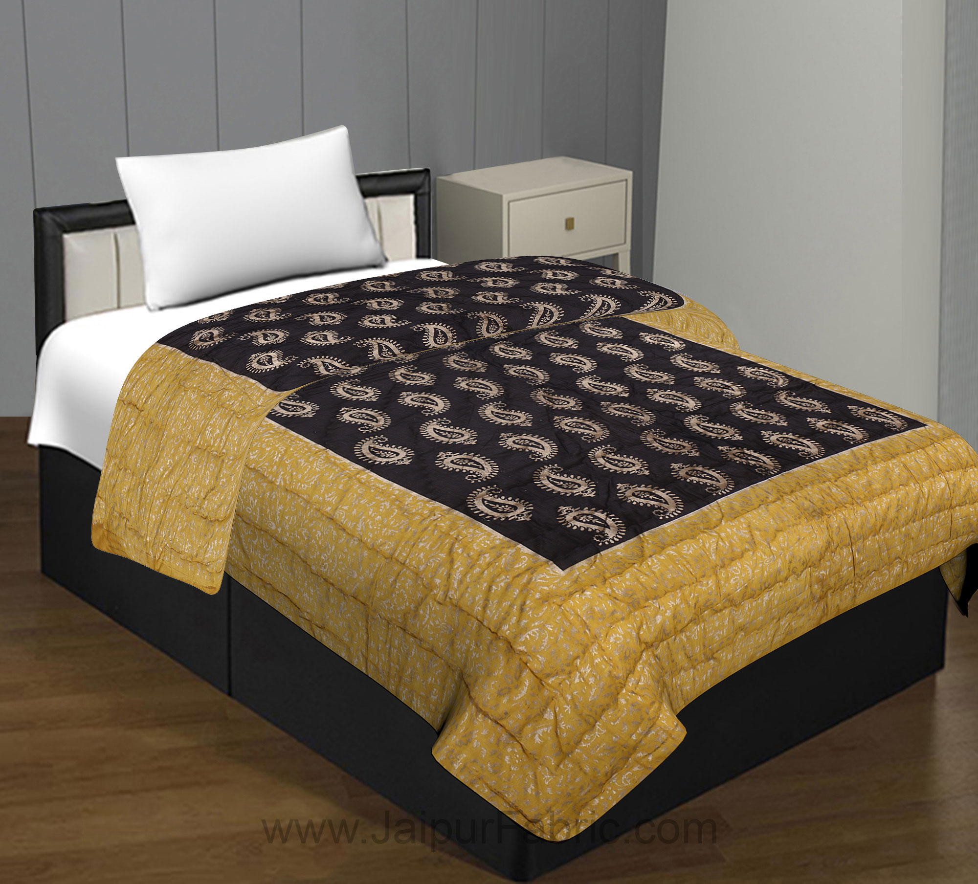 Jaipuri Printed Single Bed Razai Golden Yellow and Dark Brown Green with Paisley pattern