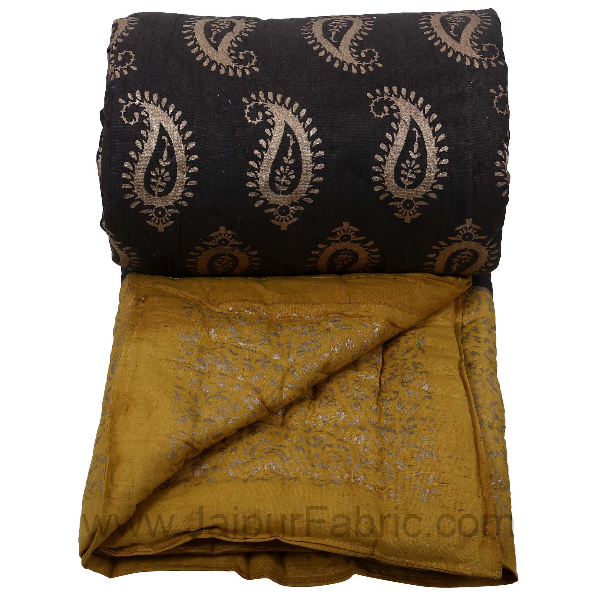 Jaipuri Printed Single Bed Razai Golden Yellow and Dark Brown Green with Paisley pattern