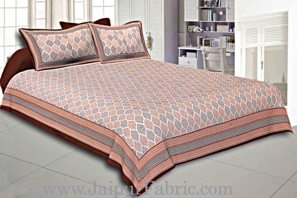 Brown Border Cream Base Leaf Pigment Cotton Satin Hand Block Double Bedsheet