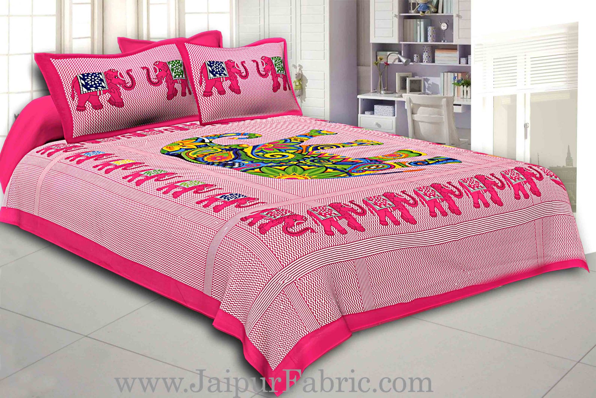 Pink Border With Large Multi-Colored Elephant Pigment Print Cotton Double Bedsheet