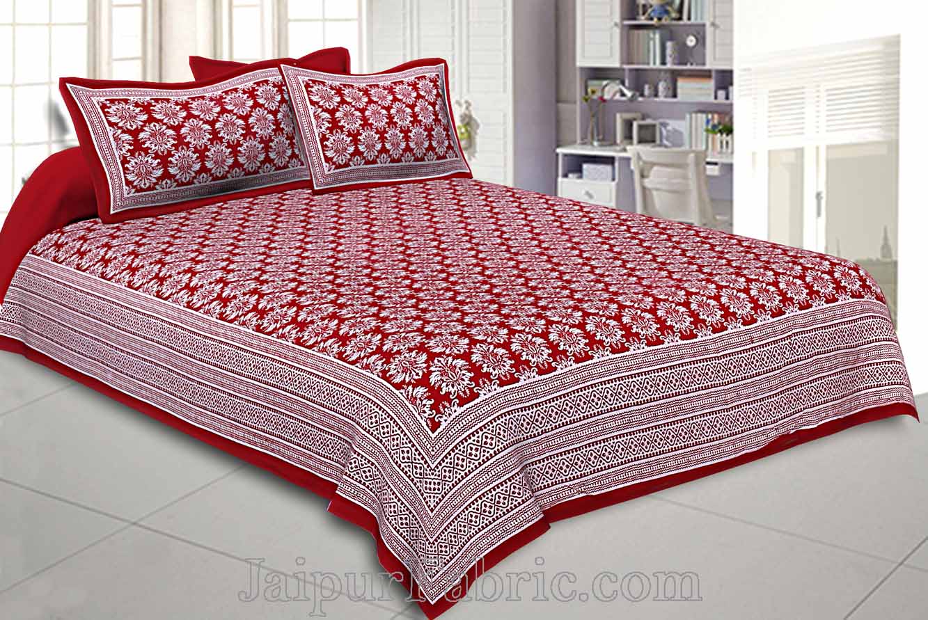 Double bedsheet Ruby Red Hand Block Floral Print