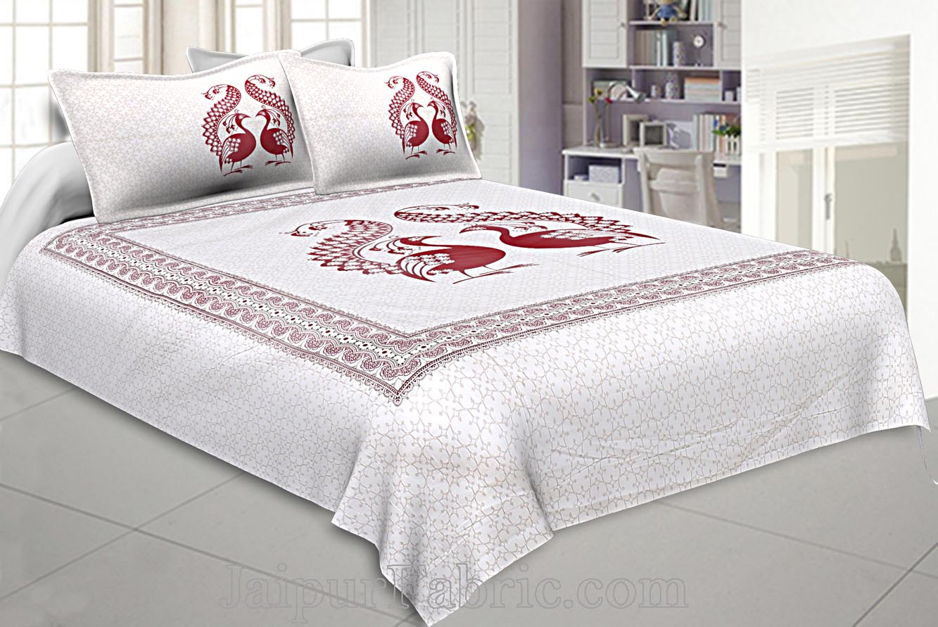 Twill Cotton Double Bedsheet Burgundy Red  Peacock Pair