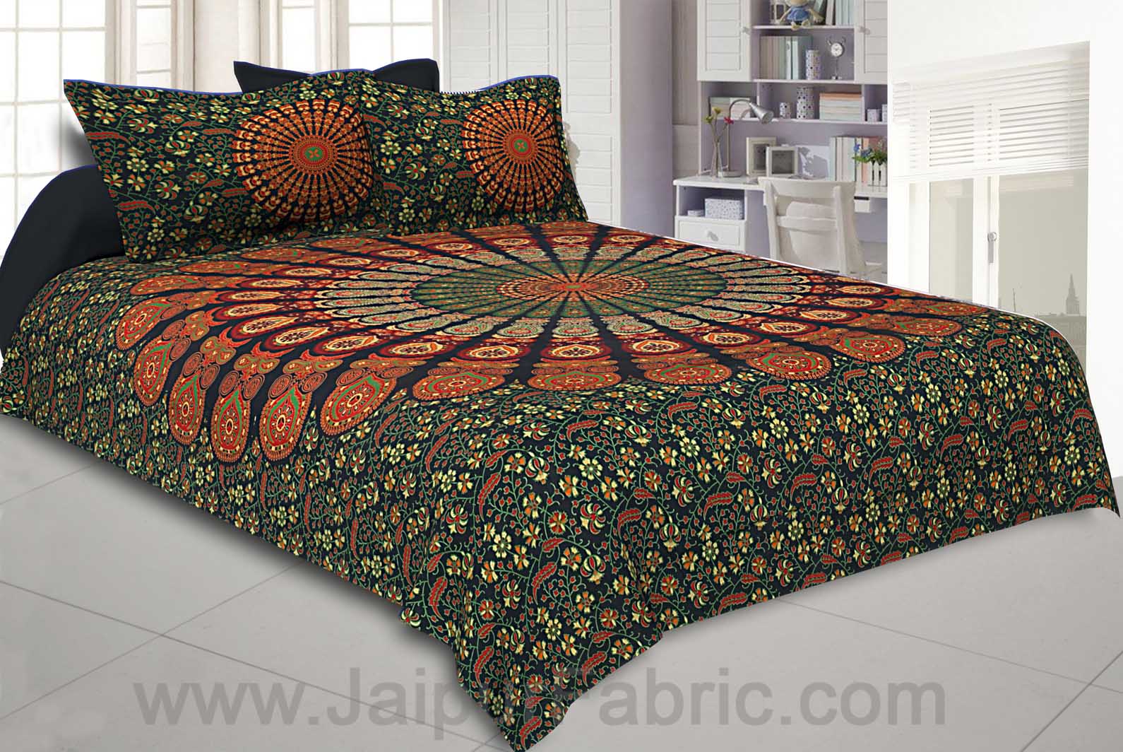 Green Mandala Double Bedsheet Tapestry with 2 Pillow Covers