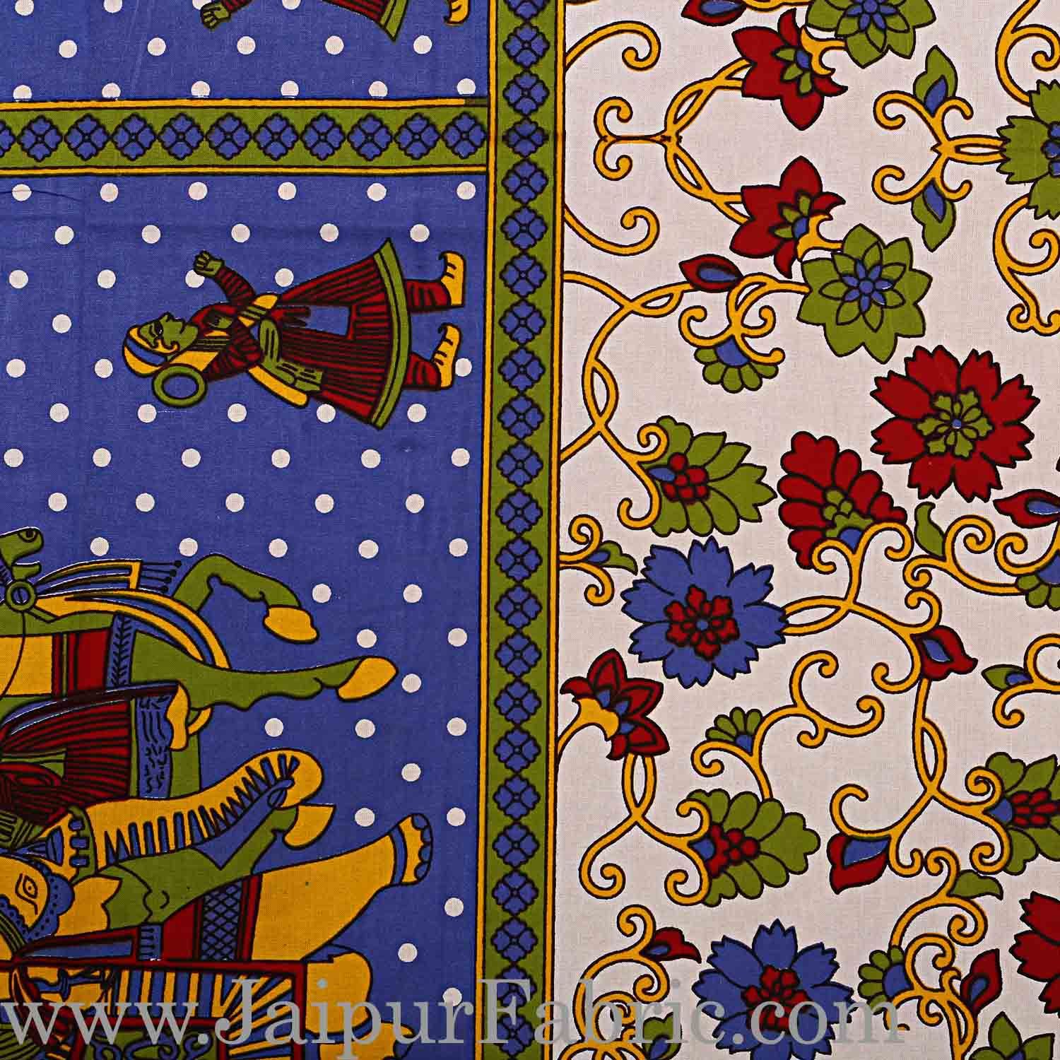 Double Bedsheet Blue Border Gangaur Print Fine Cotton With Two Pillow Cover