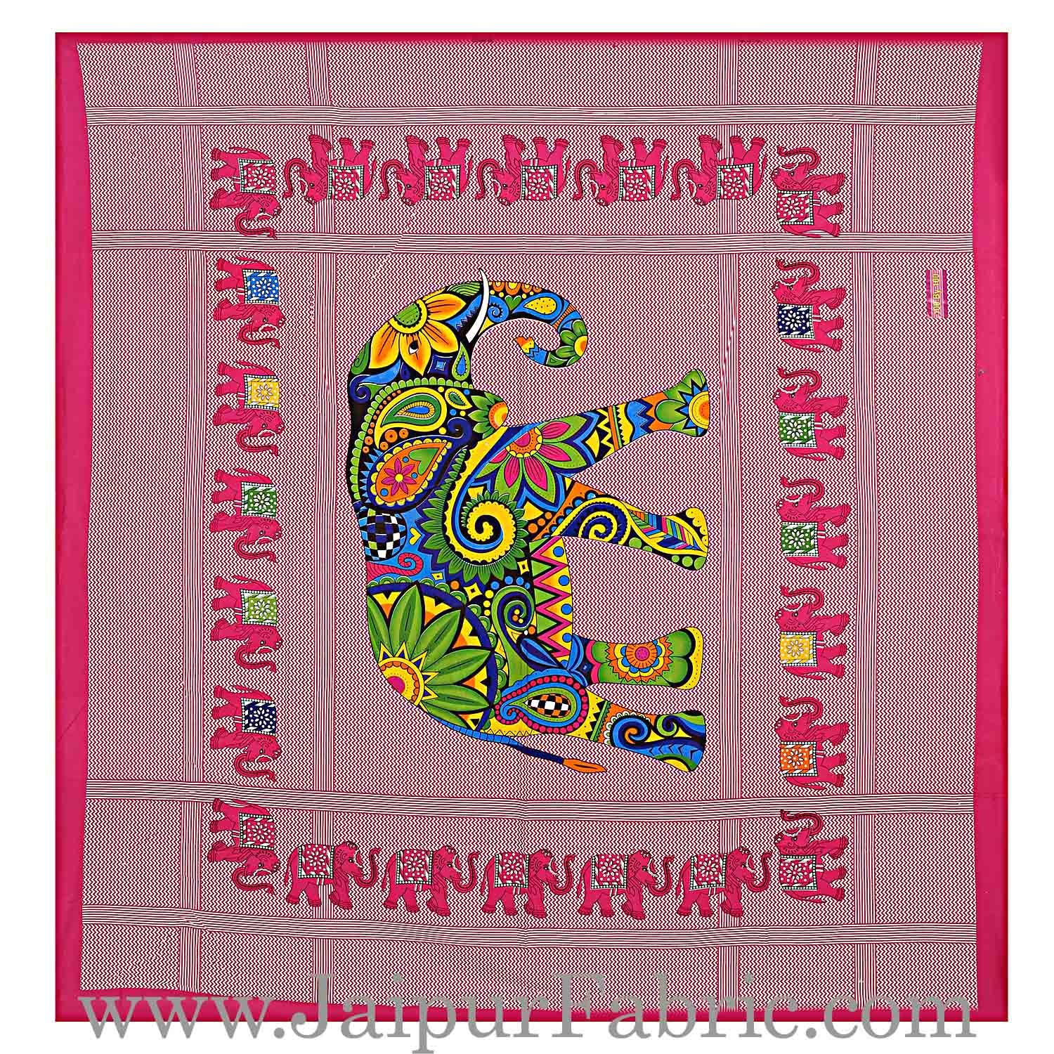 Pink Border With Large Multi-Colored Elephant Pigment Print Cotton Double Bedsheet