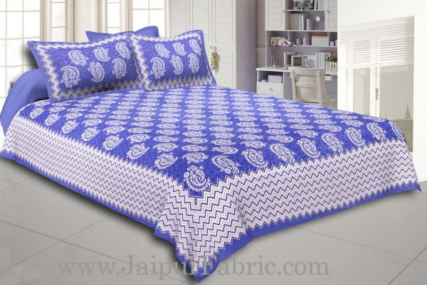 Blue  Border With Zig-Zig Lining Twin Kerry Pattern Cotton Double Bed Sheet