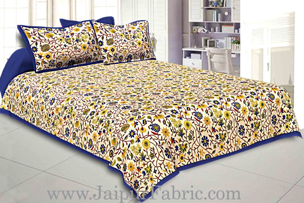 Double bedsheet with Blue  Border Branch of   Pomegranate With Two Pillow Cover