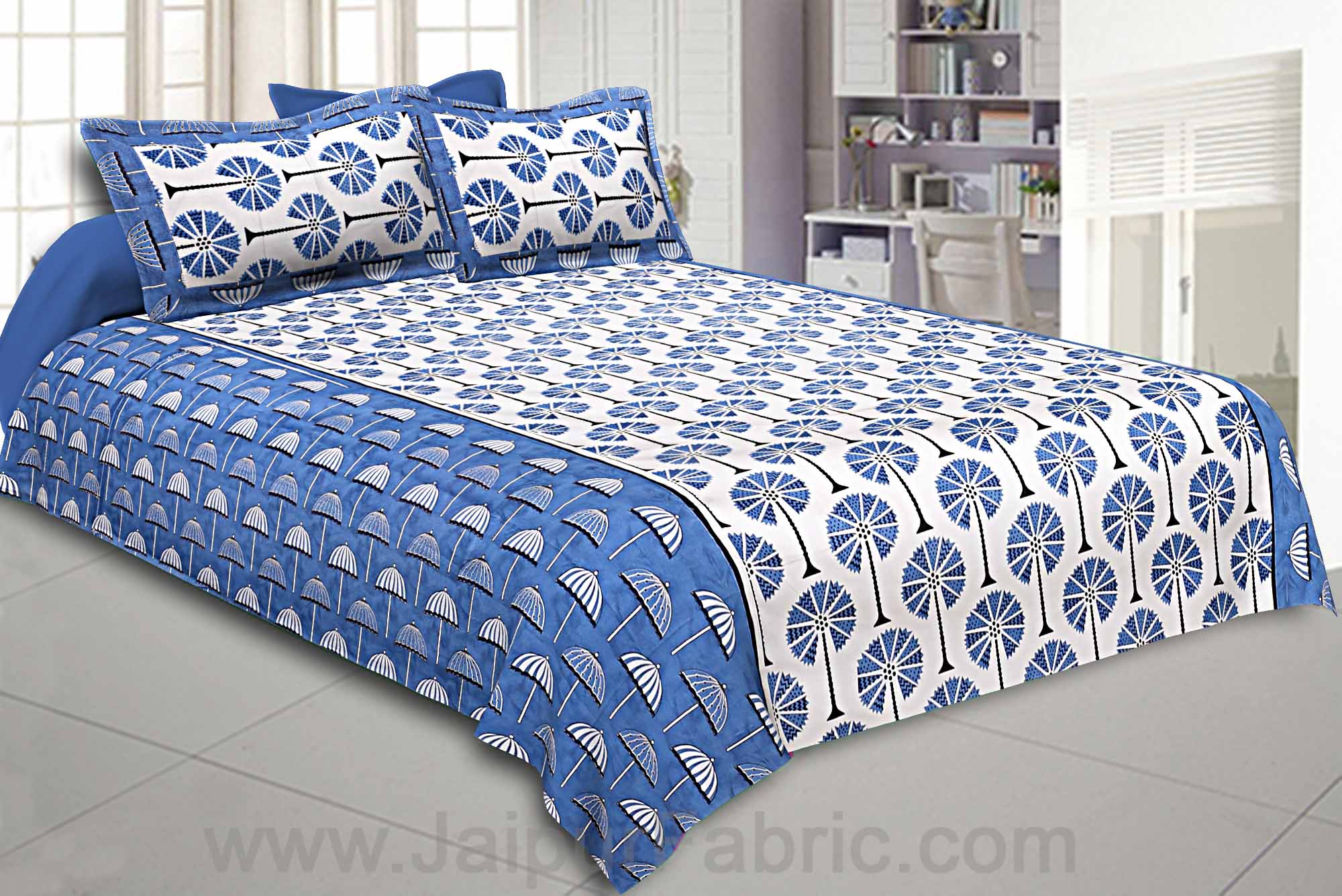 Double Bedsheet Blue Palm Tree Print Cotton