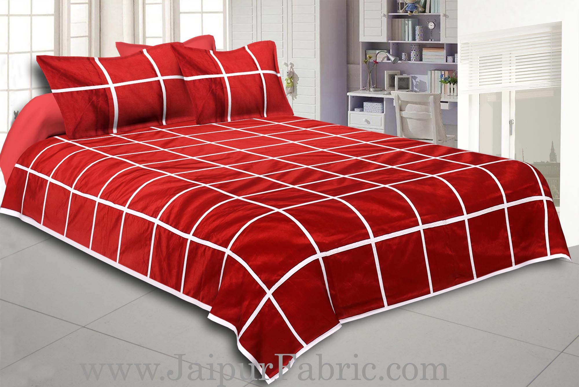 Light Red   With  White Check Silk festive Double Bed sheet