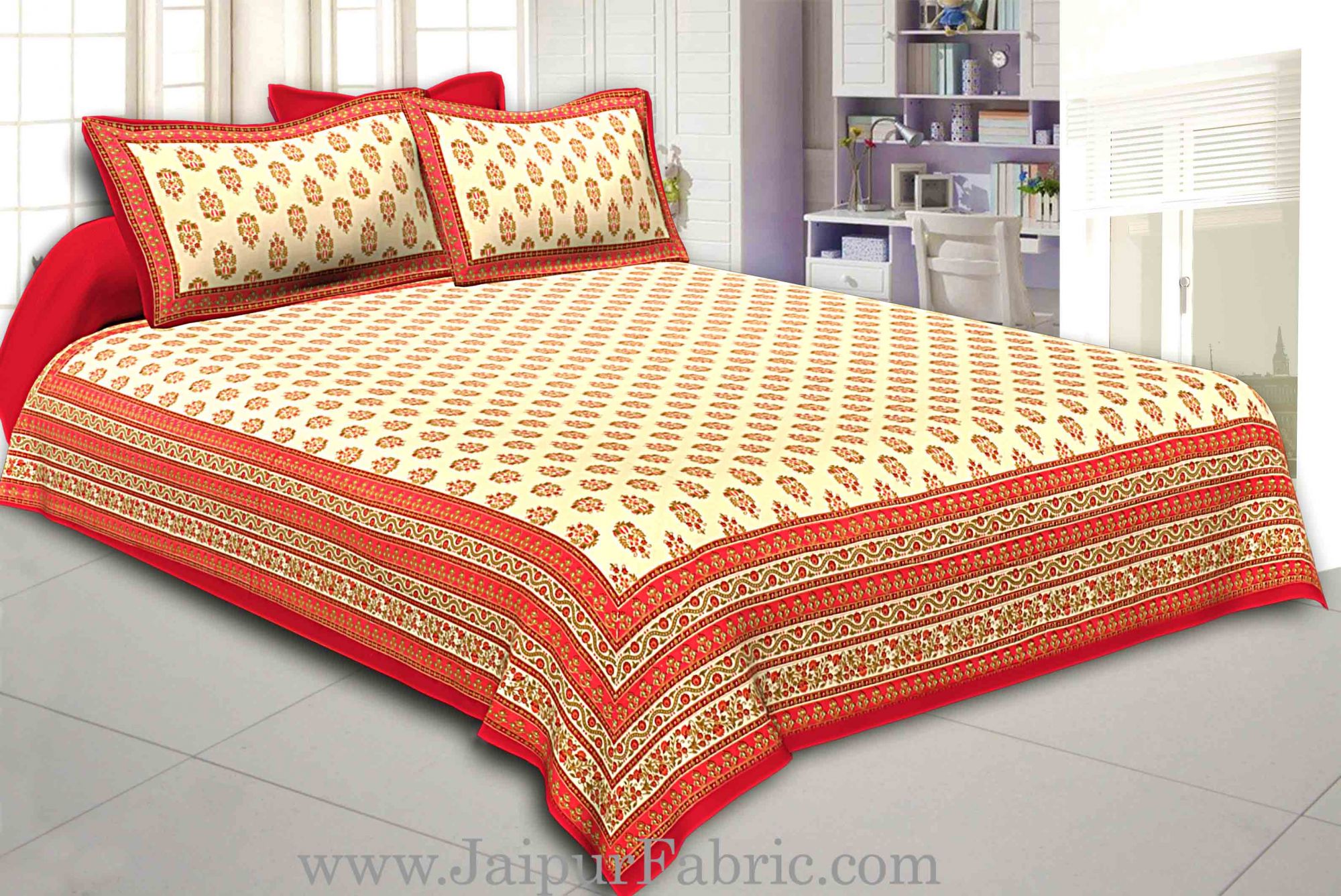 Red Border Cream Base  Multi Border Small Booti  With Golden Print Super Fine Cotton Double Bedsheet