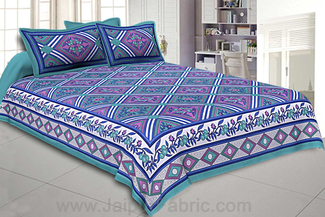 Floral diamonds blue green Double Bedsheet