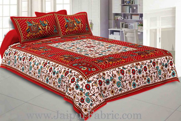 Double Bedsheet Maroon Border Gangaur Print Fine Cotton With Two Pillow Cover