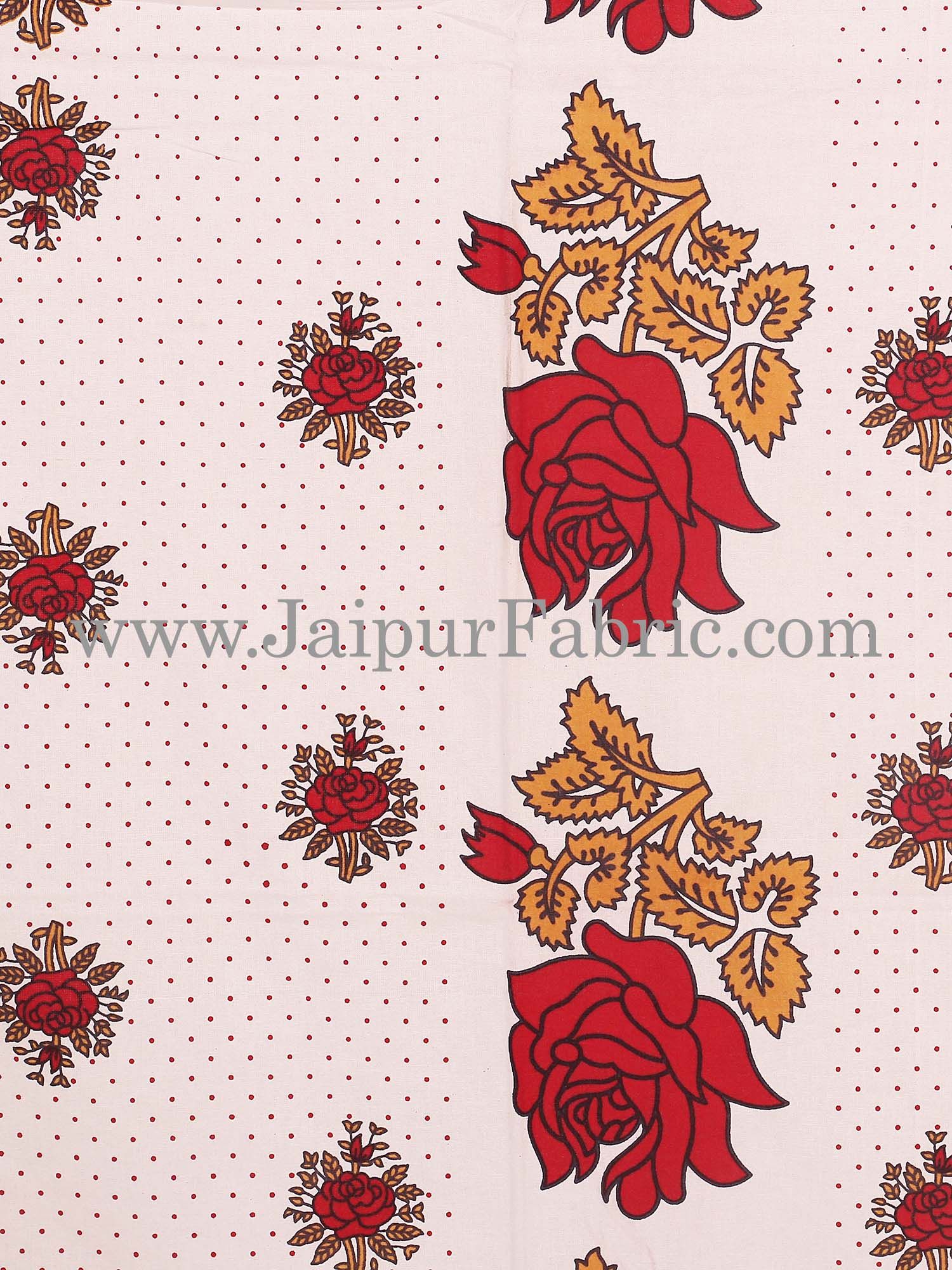 Dotted White Base Red Lotus Flower Print Cotton Double Bed Sheet