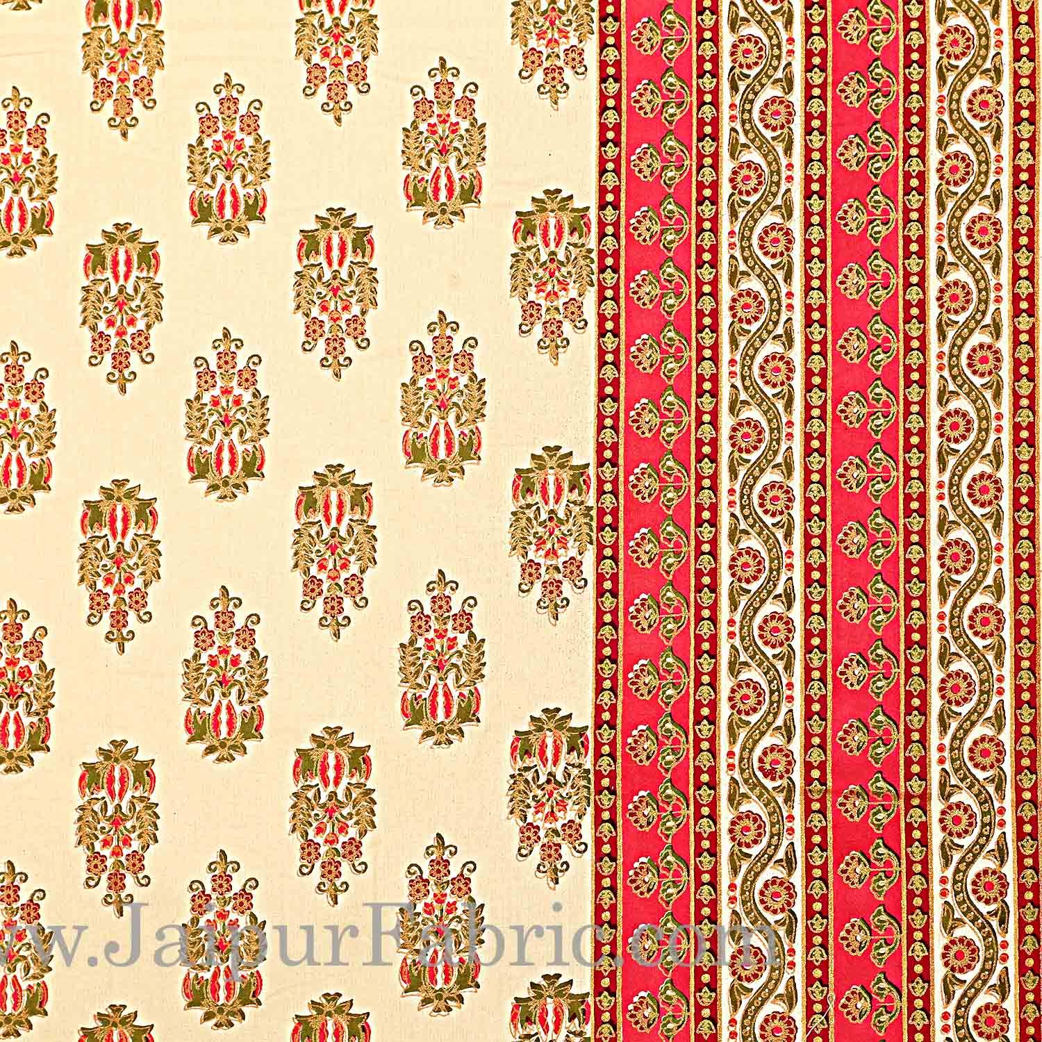 Red Border Cream Base  Multi Border Small Booti  With Golden Print Super Fine Cotton Double Bedsheet