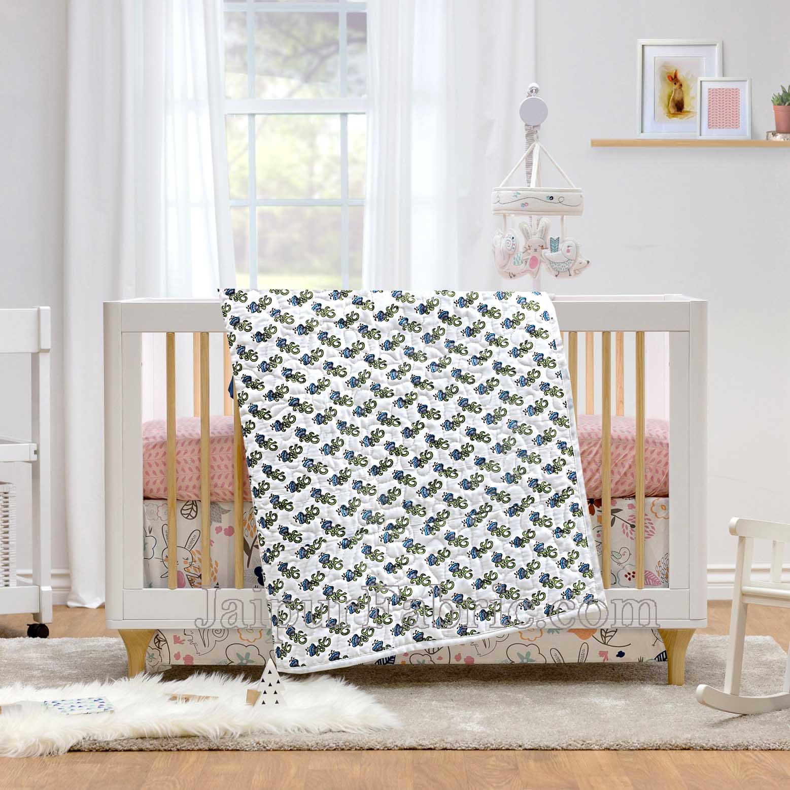 Baby Blanket Newborn Green & Sky Blue Soft Crib Comforter and Toddler Swaddling Blankets for Babies 120 x 120 cm Colourful White Base Baby Quilt