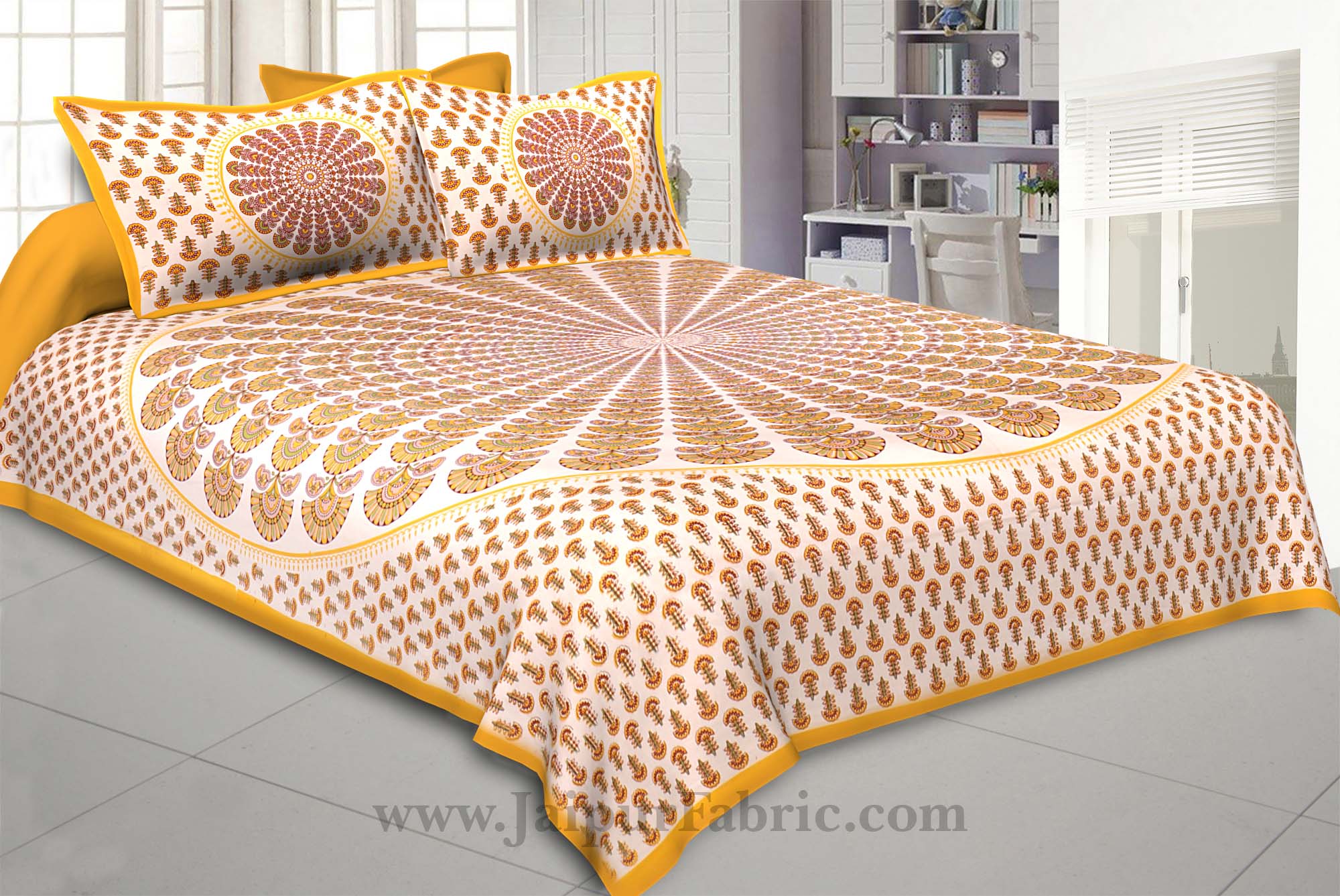 Yellow Sanganeri Printed Cotton Double Bed Sheet