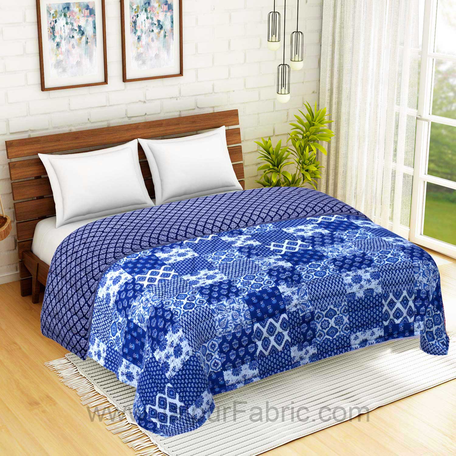 Jaipuri Quilt Blue Bagru Print Double Bed Quilt