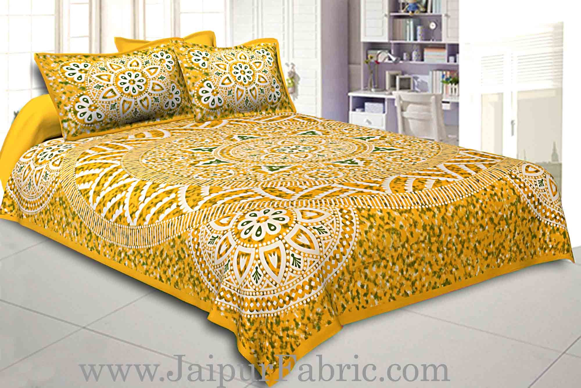 Double bedsheet Yellow Color Sanganeri Rangoli Pattern Smooth Touch With 2 Pillow Cover