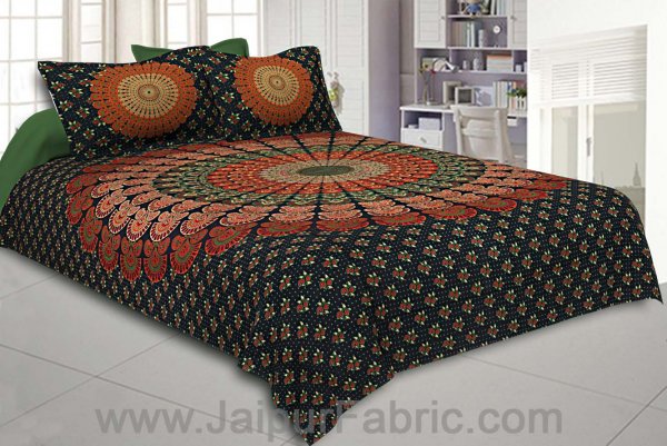 Dark Green Mandala Bedsheet Tapestry Floral Print With 2 Pillow Covers