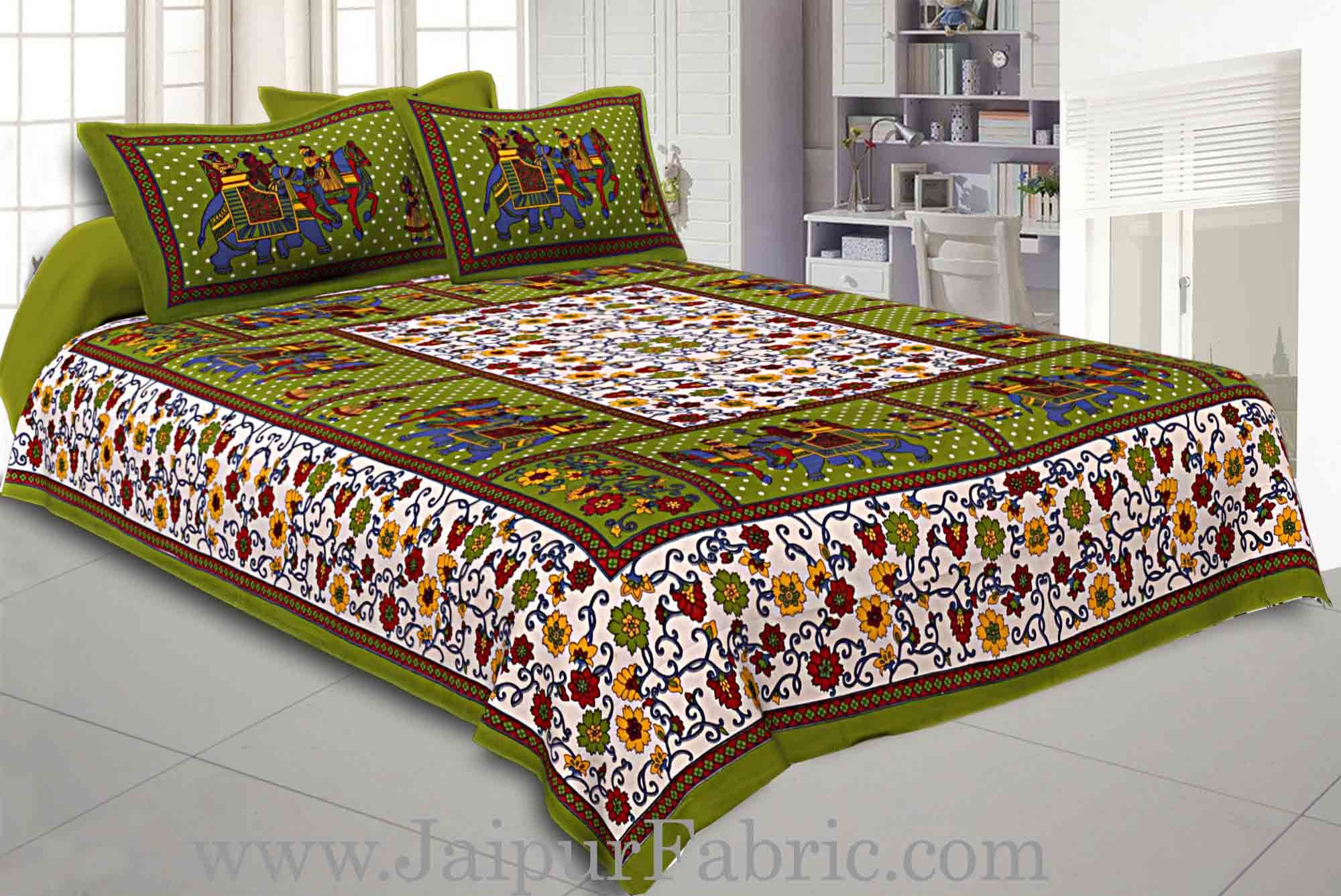 Double Bedsheet Green Border Gangaur Print Fine Cotton With Two Pillow Cover