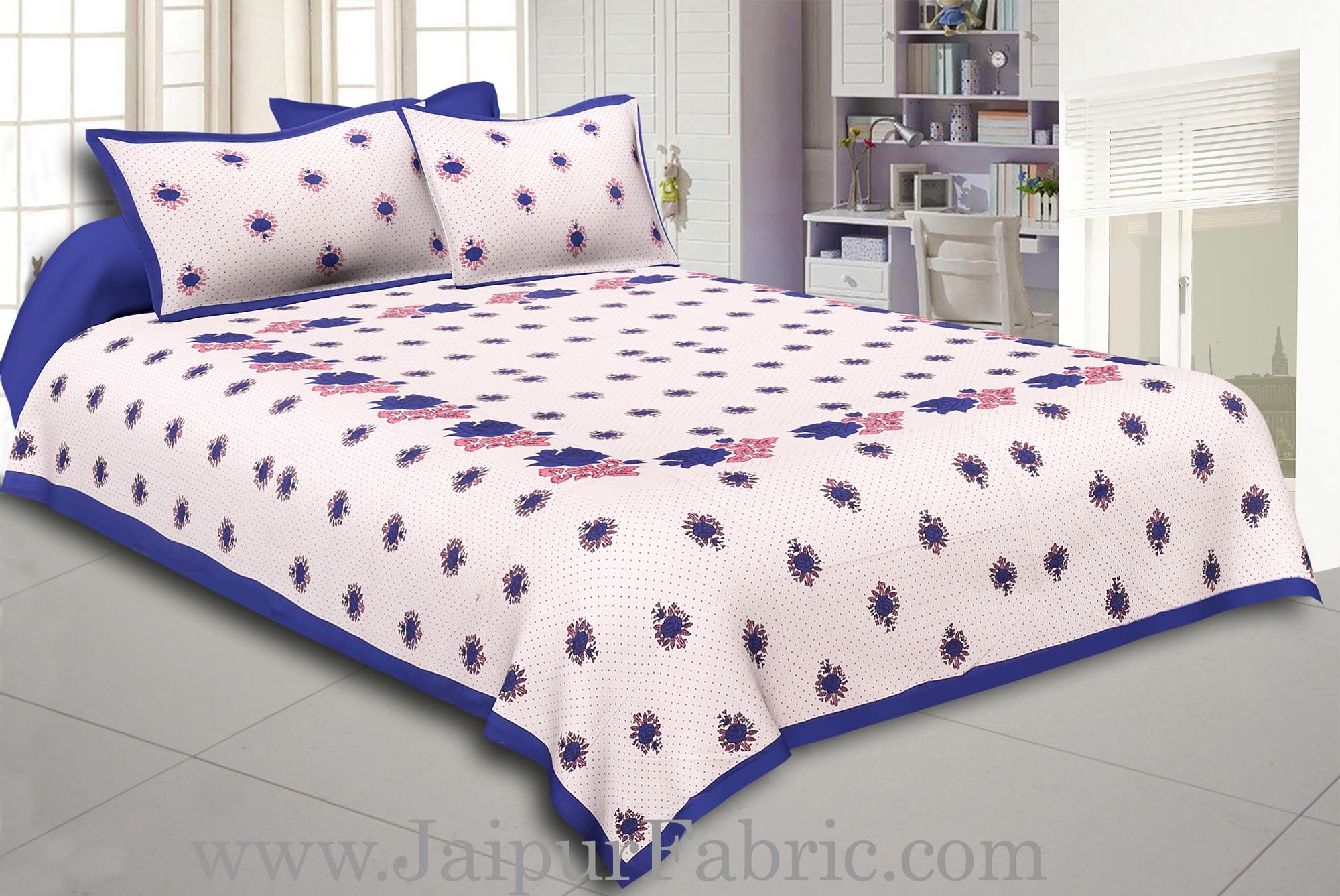 Dotted White Base Blue Lotus Flower Print Cotton Double Bed Sheet