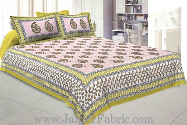 Double bedsheet Yellow Border With Paisley Print Fine Cotton With Two Pillow Cover