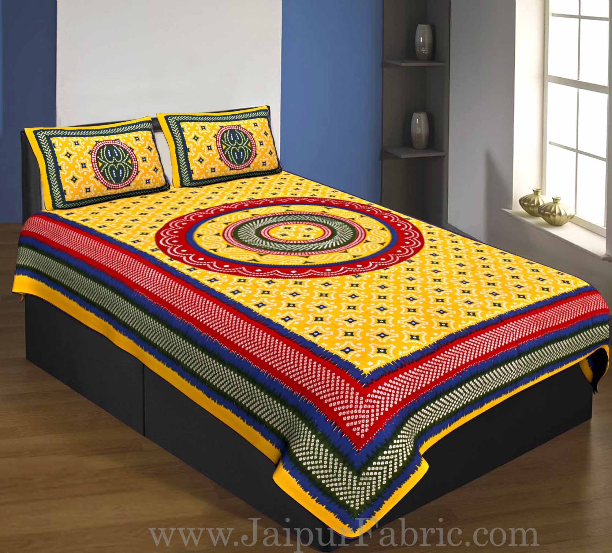 Single Bedsheet Pure Cotton Yellow  Border with  Bandhej and Rangoli Print