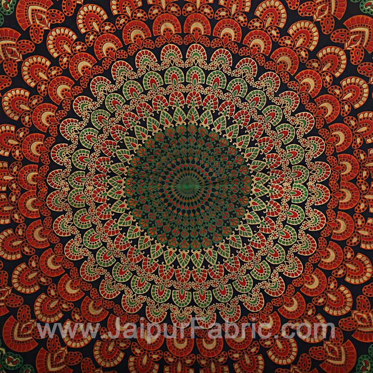 Dark Green Mandala Bedsheet Tapestry Floral Print With 2 Pillow Covers