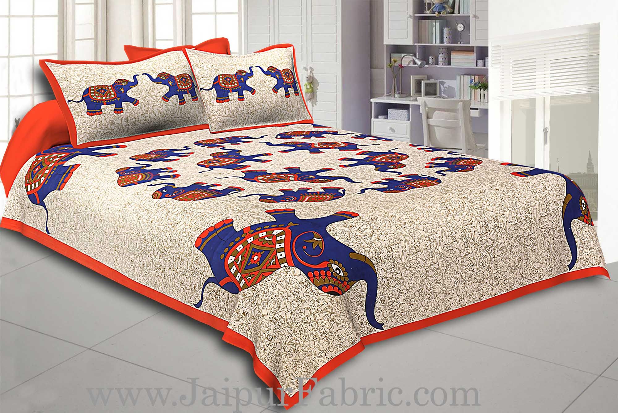 Orange  Border Elephant in Round Shape Cotton Double Bedsheet