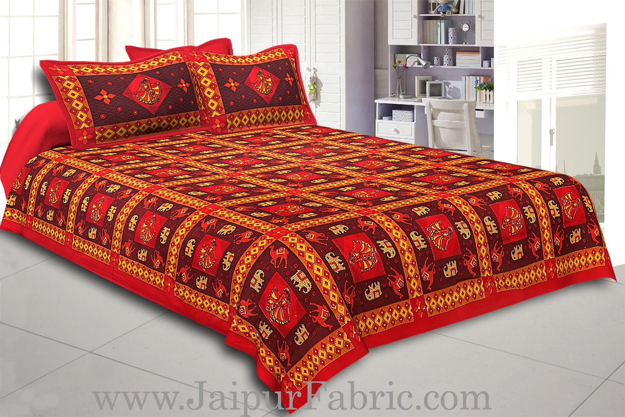 Maroon Border Maroon Base Gujri Dance In Square Pattern Cotton Double Bed Sheet