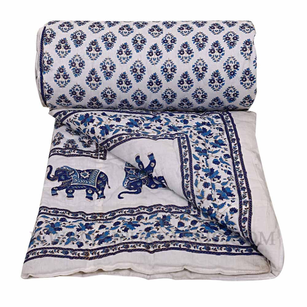 Single Quilt Blue Elephant Print Super Fine  Golden Print Reversable