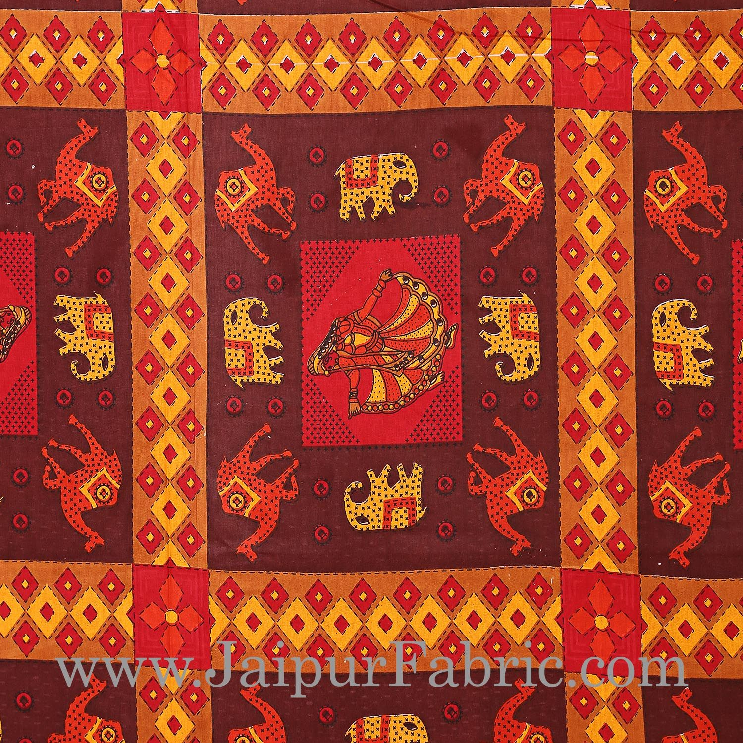 Maroon Border Maroon Base Gujri Dance In Square Pattern Cotton Double Bed Sheet