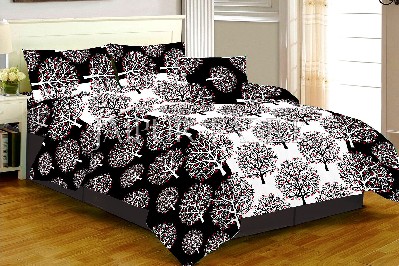 White Base Black Tree Print Double Bed Sheet