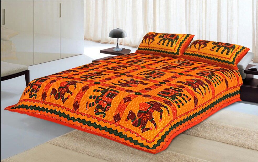 Orange Jaisalmer Handmade Embroidery with katha Thread Work Elephant Print Double Bed Sheet with Two Pillow Covers