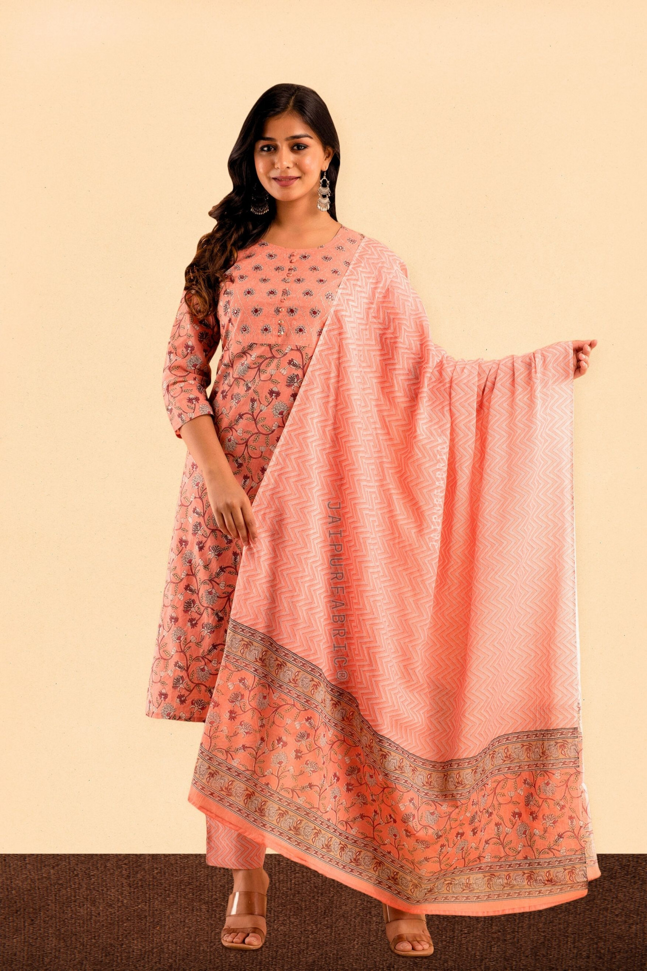 Peach Floral Kurti 3 pcs set