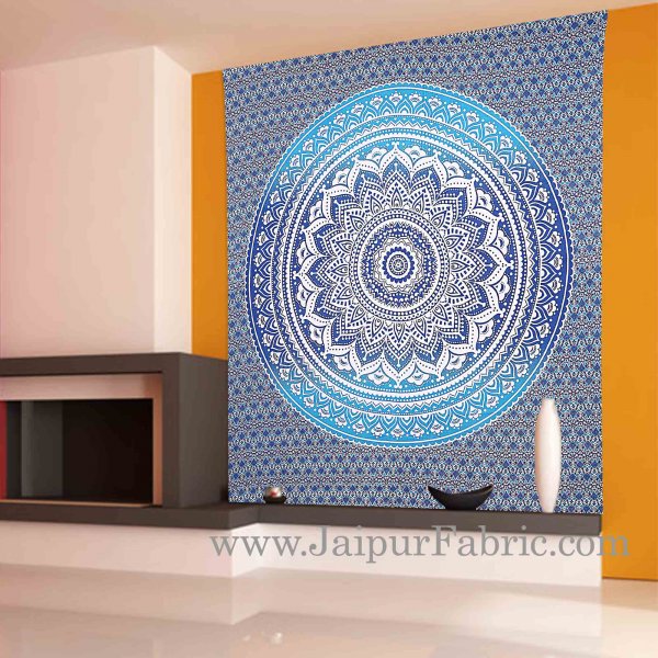 Blue Mandala Tapestry with white hippie indian traditional wall hanging and beach throw