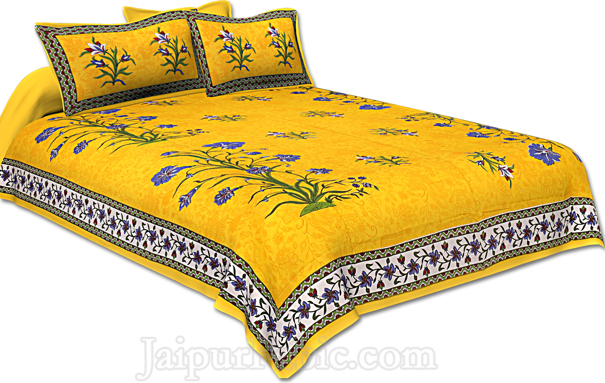 Yellow Border Tree Print Yellow Base Cotton Double  Bedsheet