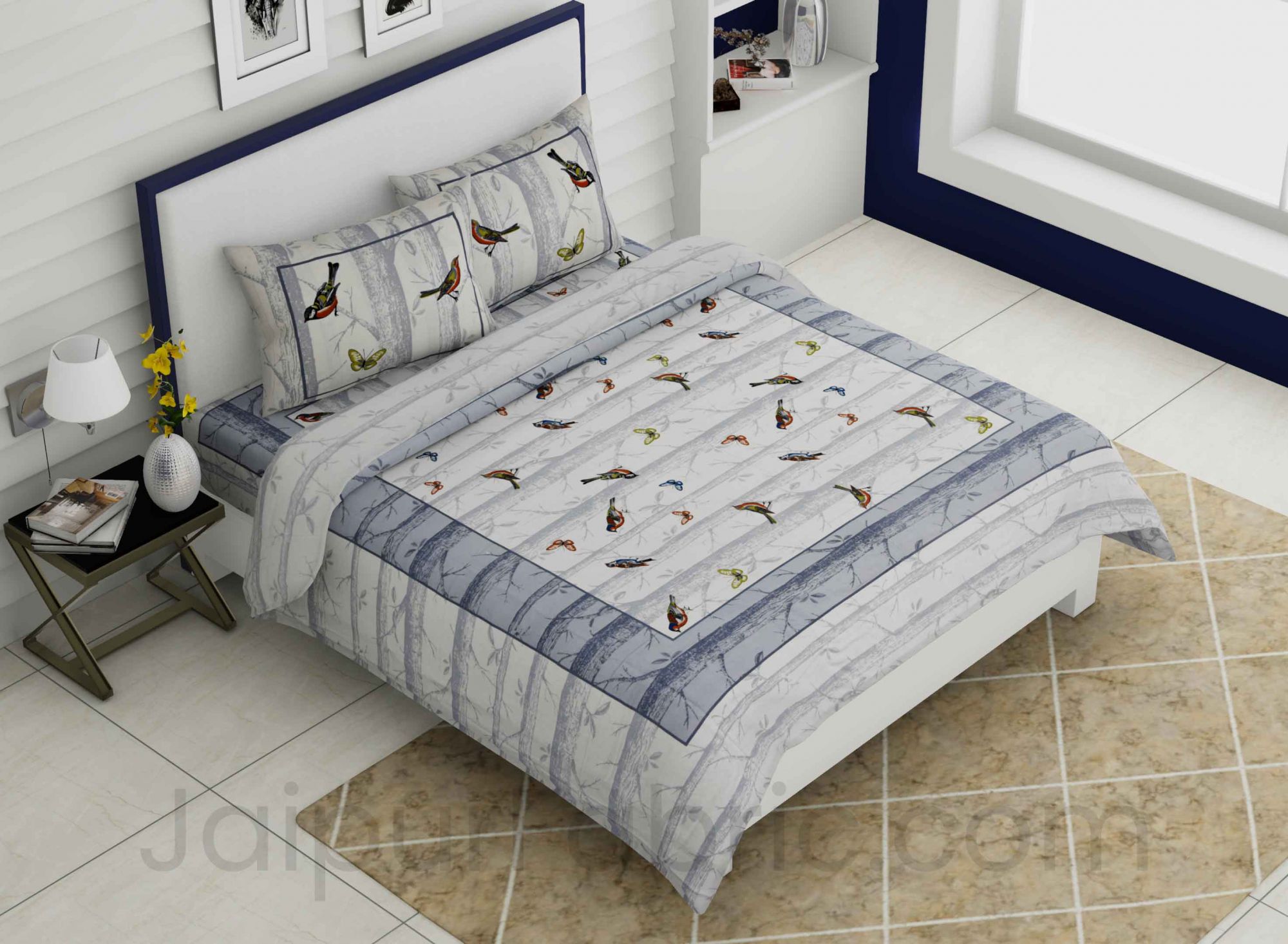 Alexa Bird Pattern Grey Sparrow  King Size Double Bedsheet