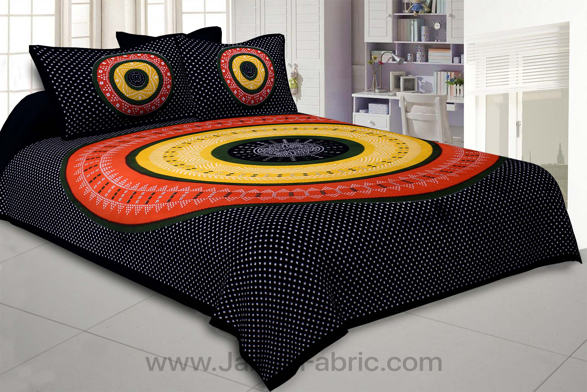 Double Bedsheet Black Red  With Round Shape Bandhej Print