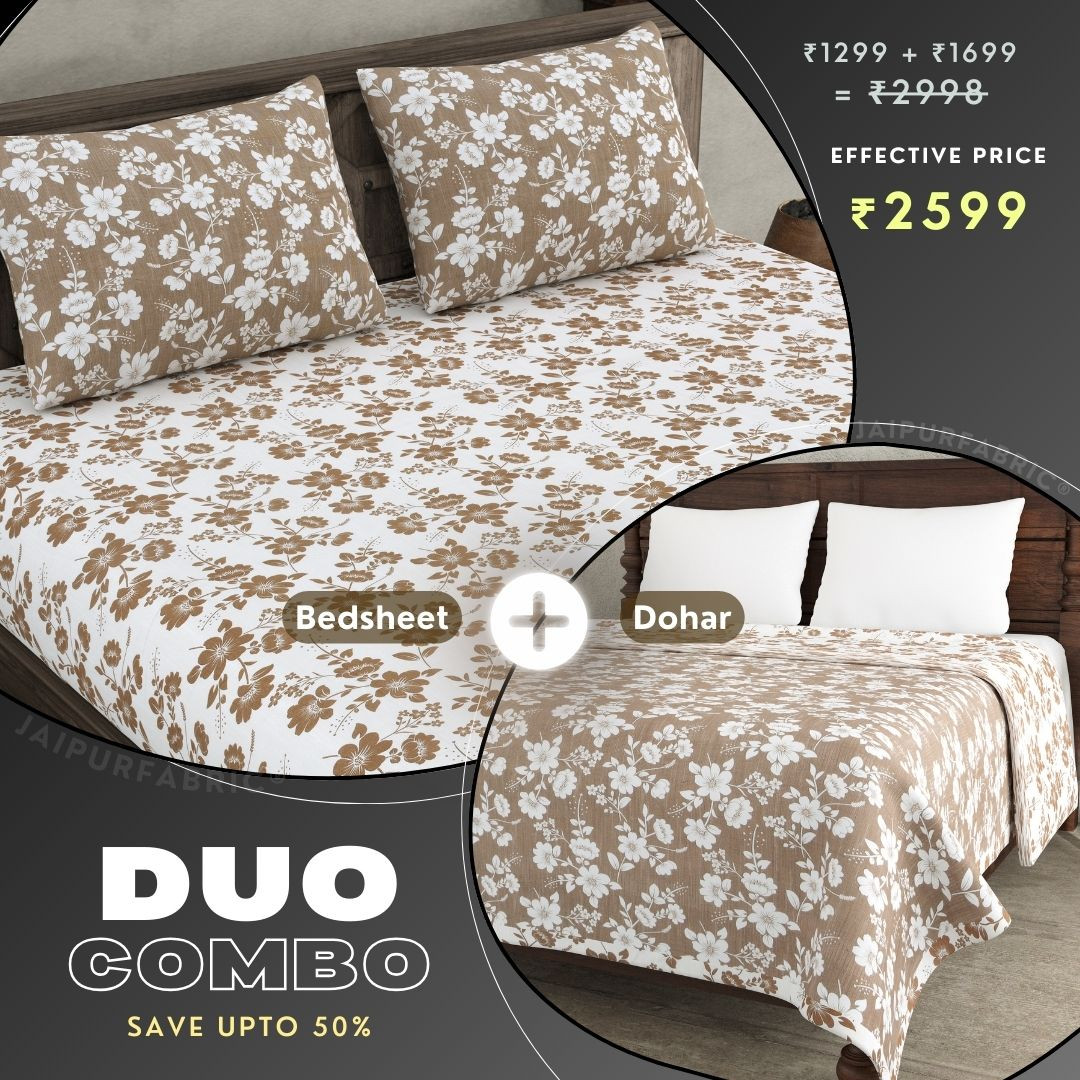 Summer Revival Brown and Off White Dohar and Bedsheet Combo