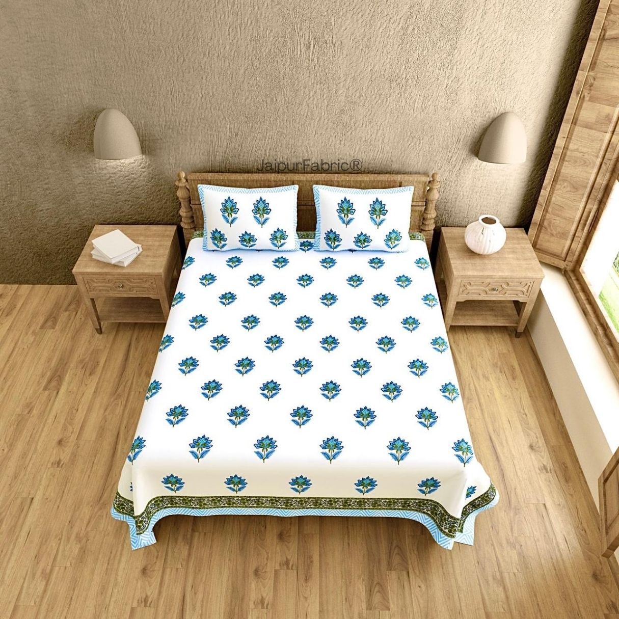 Curated Block Print 400 TC Pure Cotton King Size Bedsheet for Elegant Bedrooms