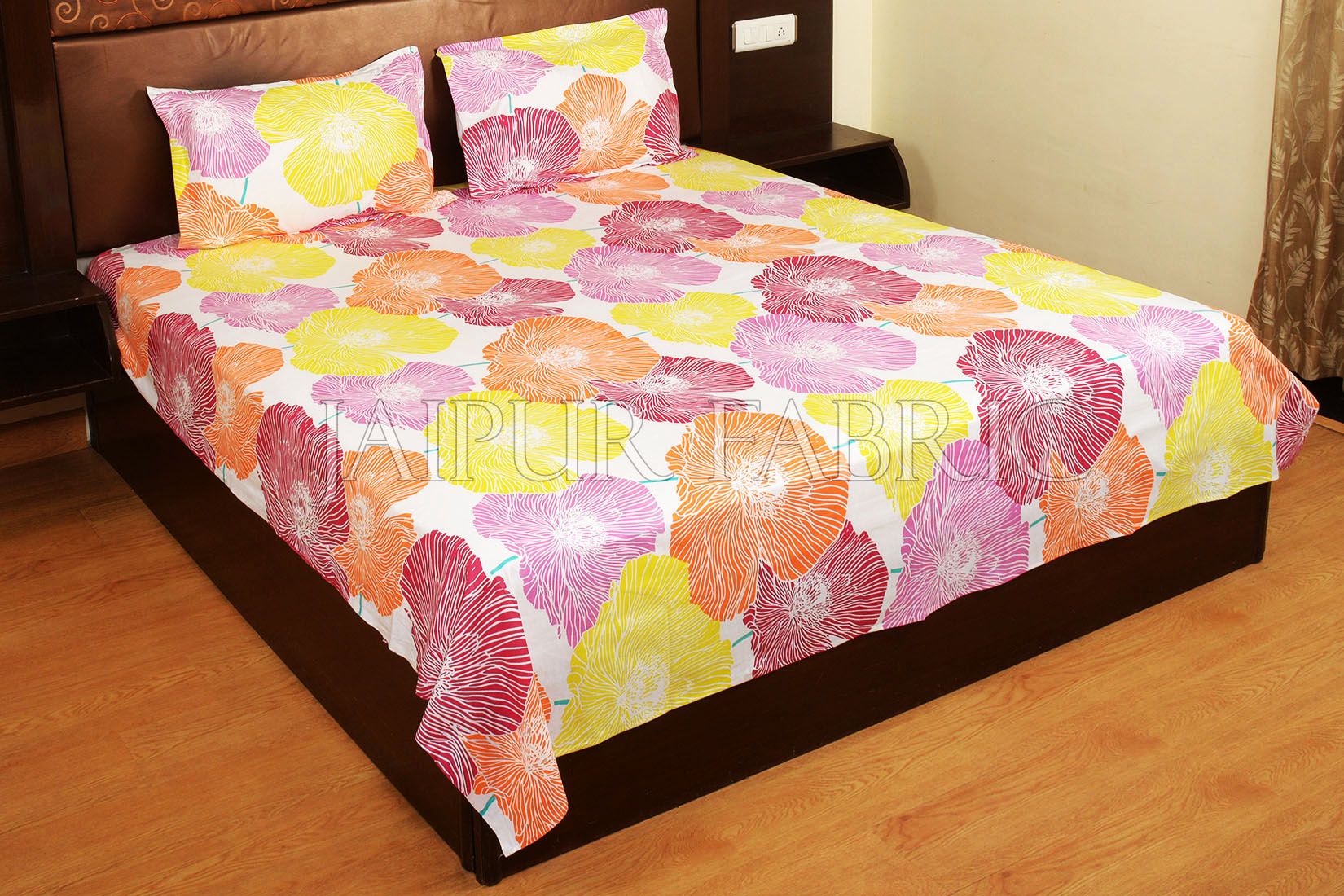 Yellow and Pink Floral Designer Cotton Double Bed Sheet