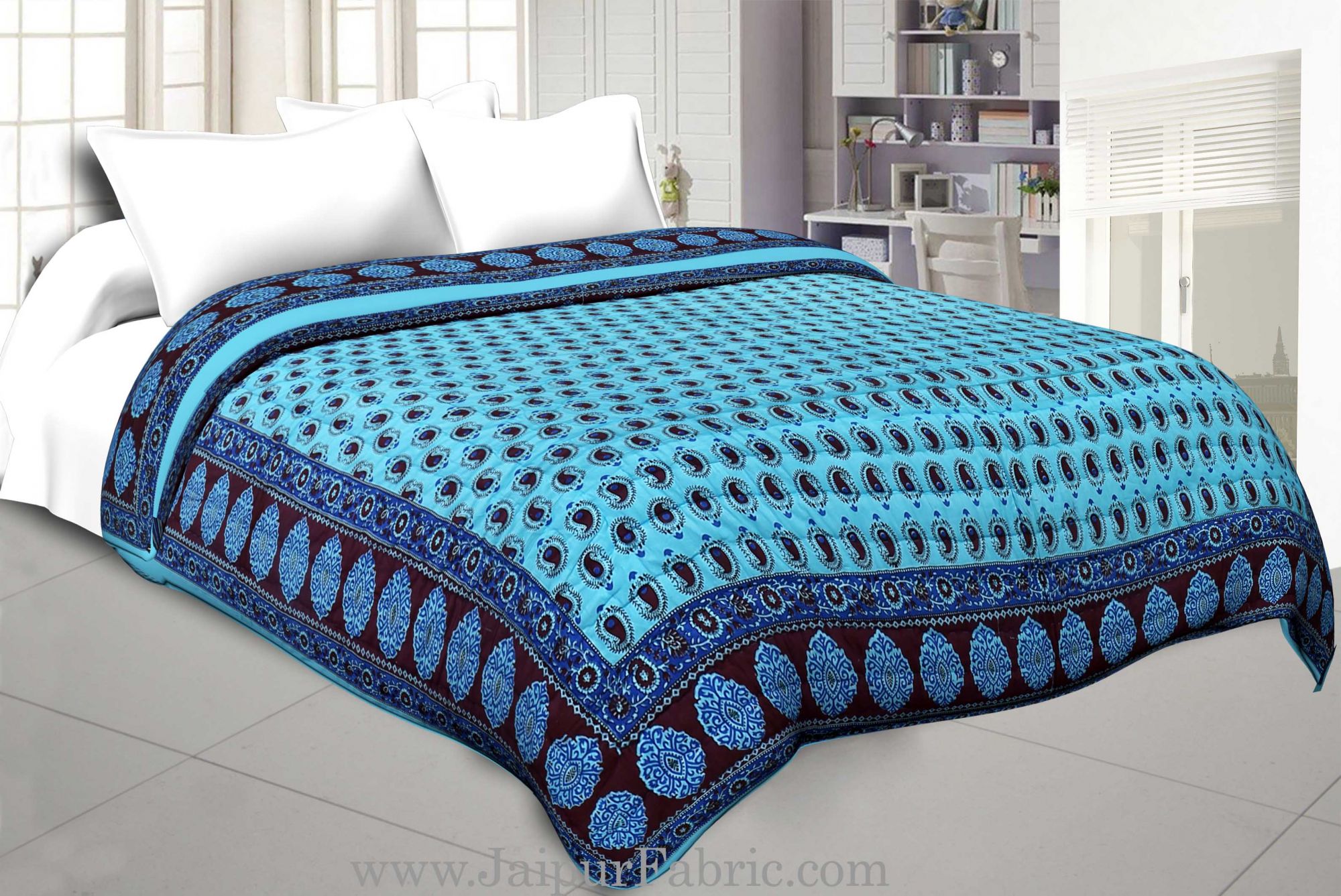 Sky Blue Border With Sky Blue Base  Coffee Color Small Paisley  Print Both Side Printed Cotton Double Quilt