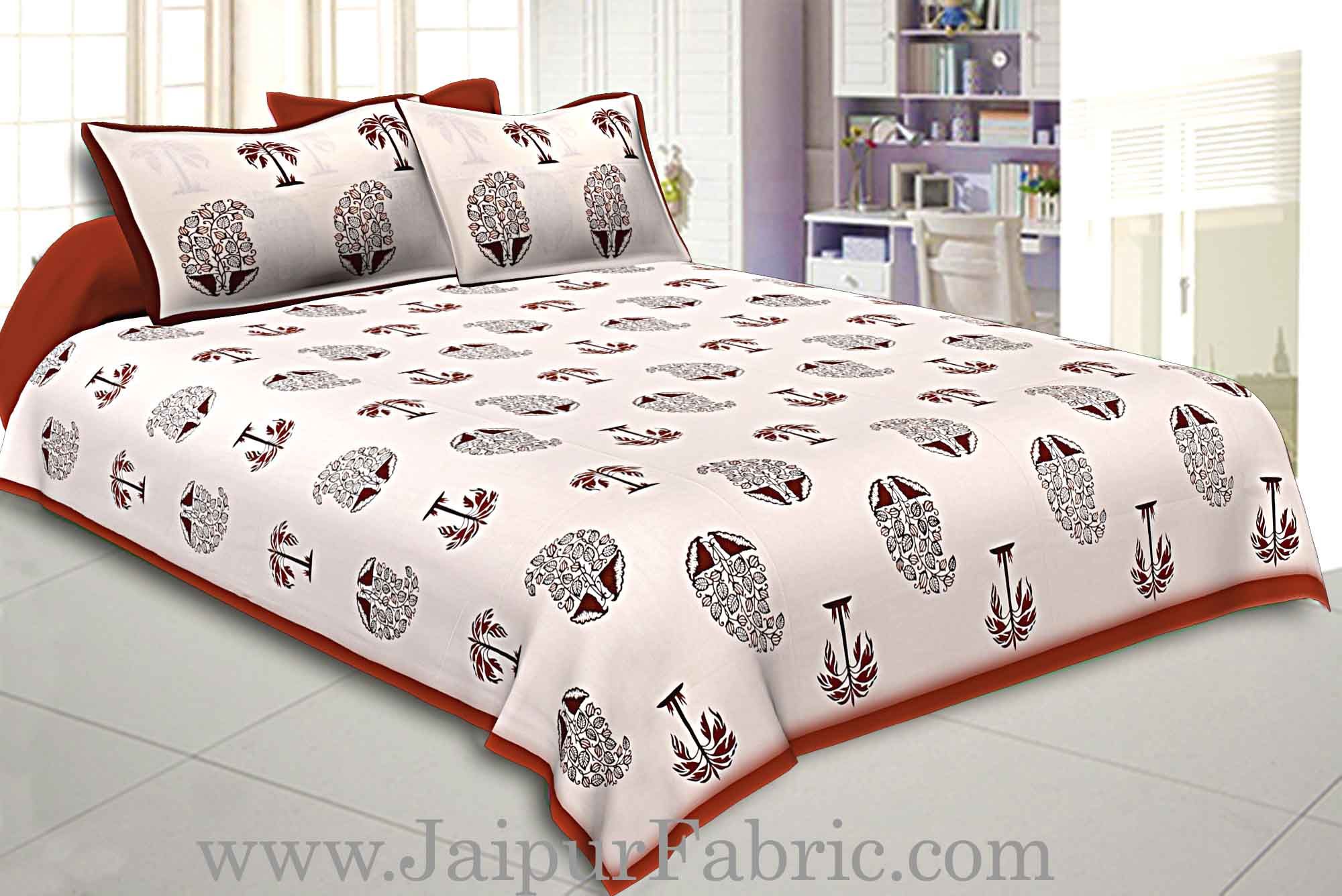 Double Bedsheet  Coffe Border  Fine Cotton  Block Print