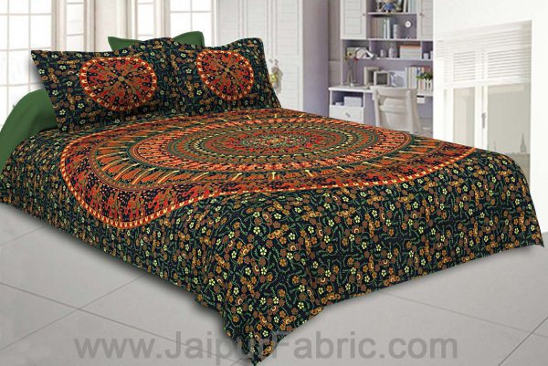 Forest Green Mandala Bedsheet Tapestry Floral Print With 2 Pillow Covers