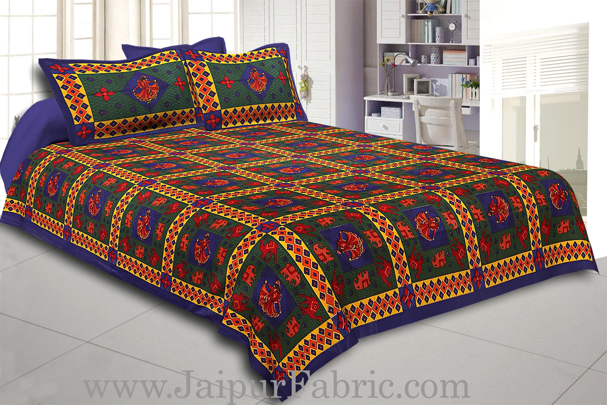 Blue Border Blue Green Base Gujri Dance In Square Pattern Cotton Double Bed Sheet