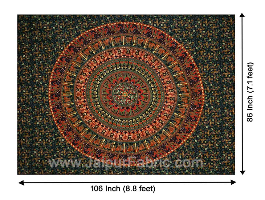 Forest Green Mandala Bedsheet Tapestry Floral Print With 2 Pillow Covers